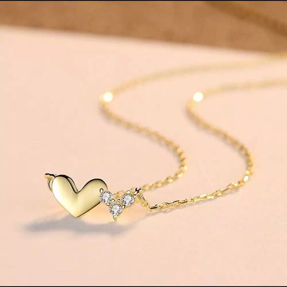 925 Sterling Silver Gold plated Double Heart Necklace Minimalist - Picture 1 of 3